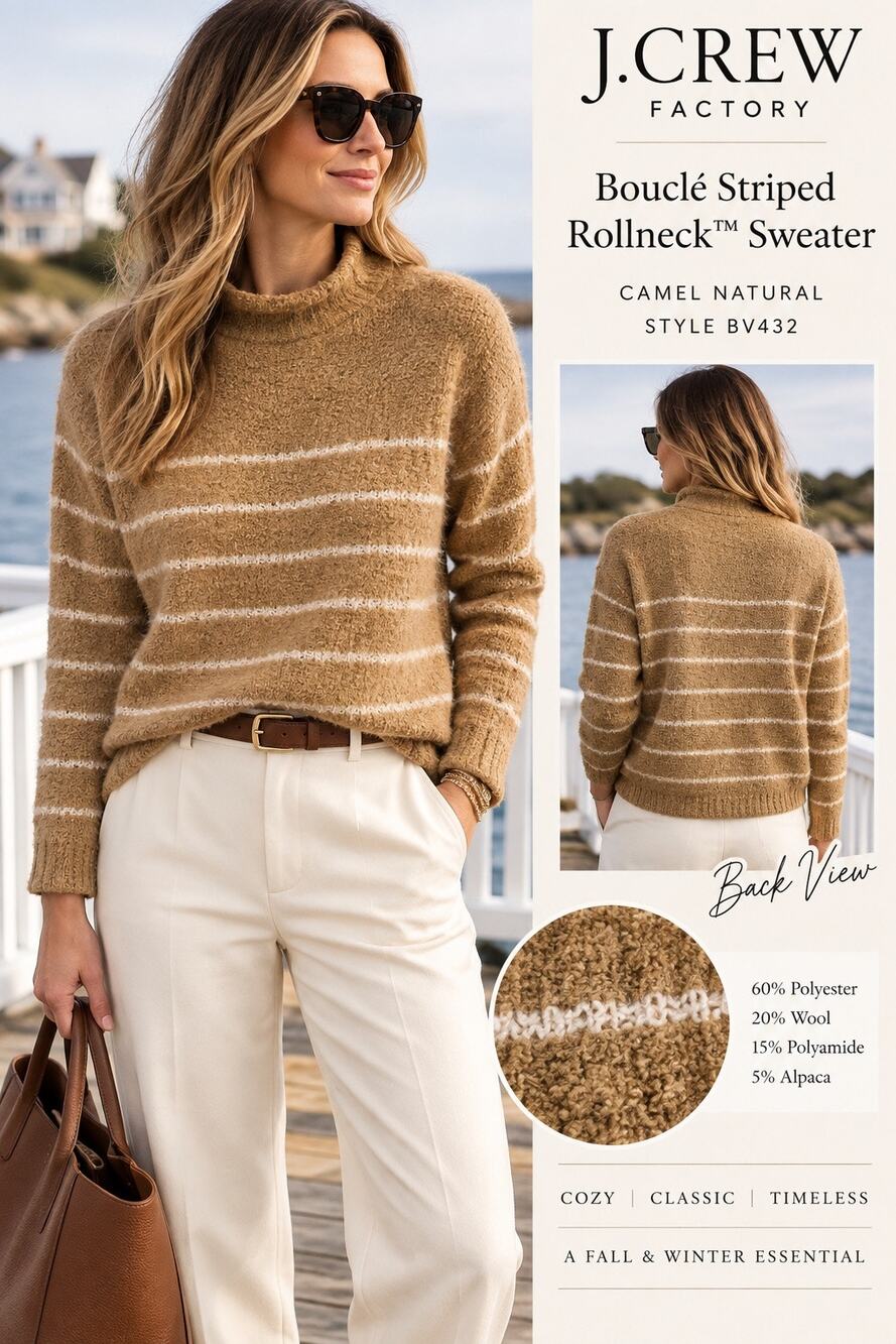 Heritage Preppy Cozy Chic J.Crew Bouclé Striped Rollneck Alpaca Wool Sweater M